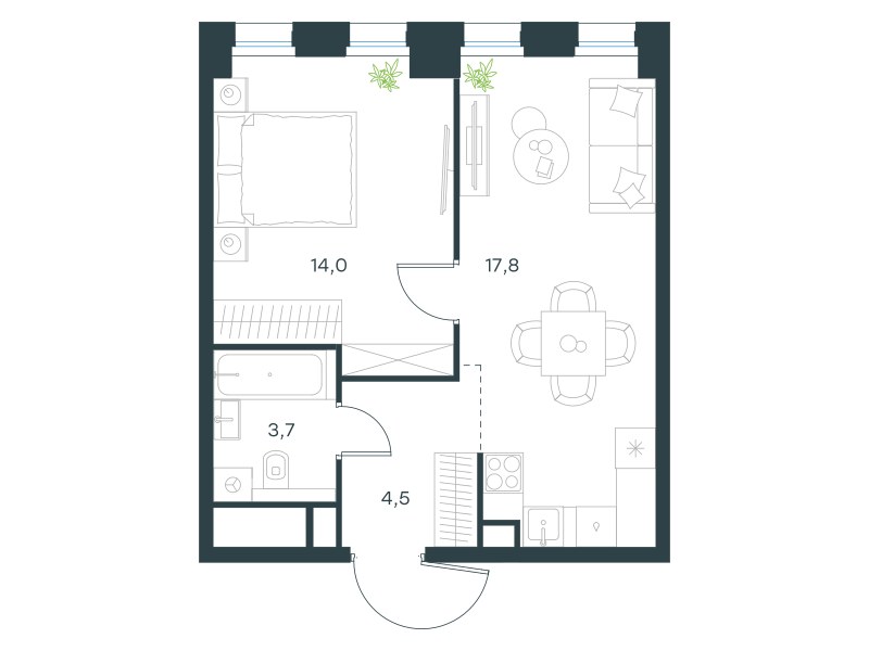 Планировка: 1-комнатная, 40.0 м²