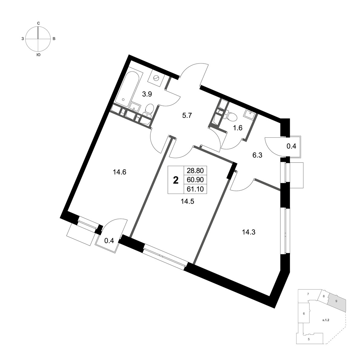 Планировка 61.1 м²