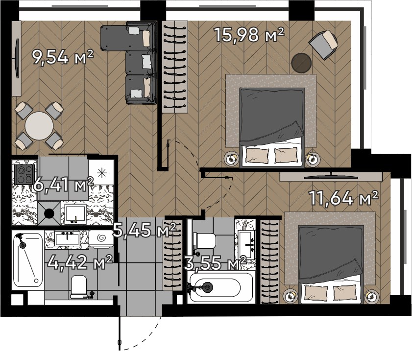 Планировка 56.99 м²
