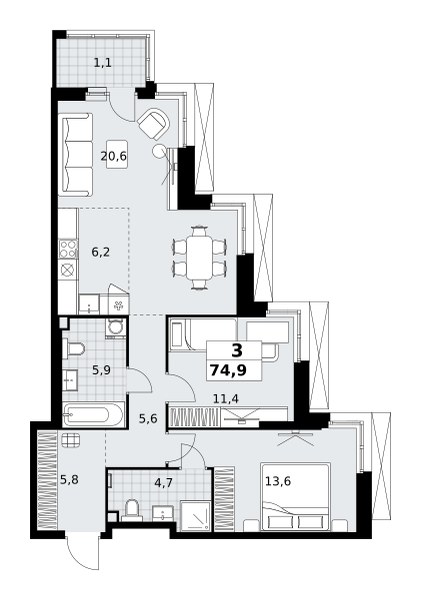 Планировка 74.9 м²
