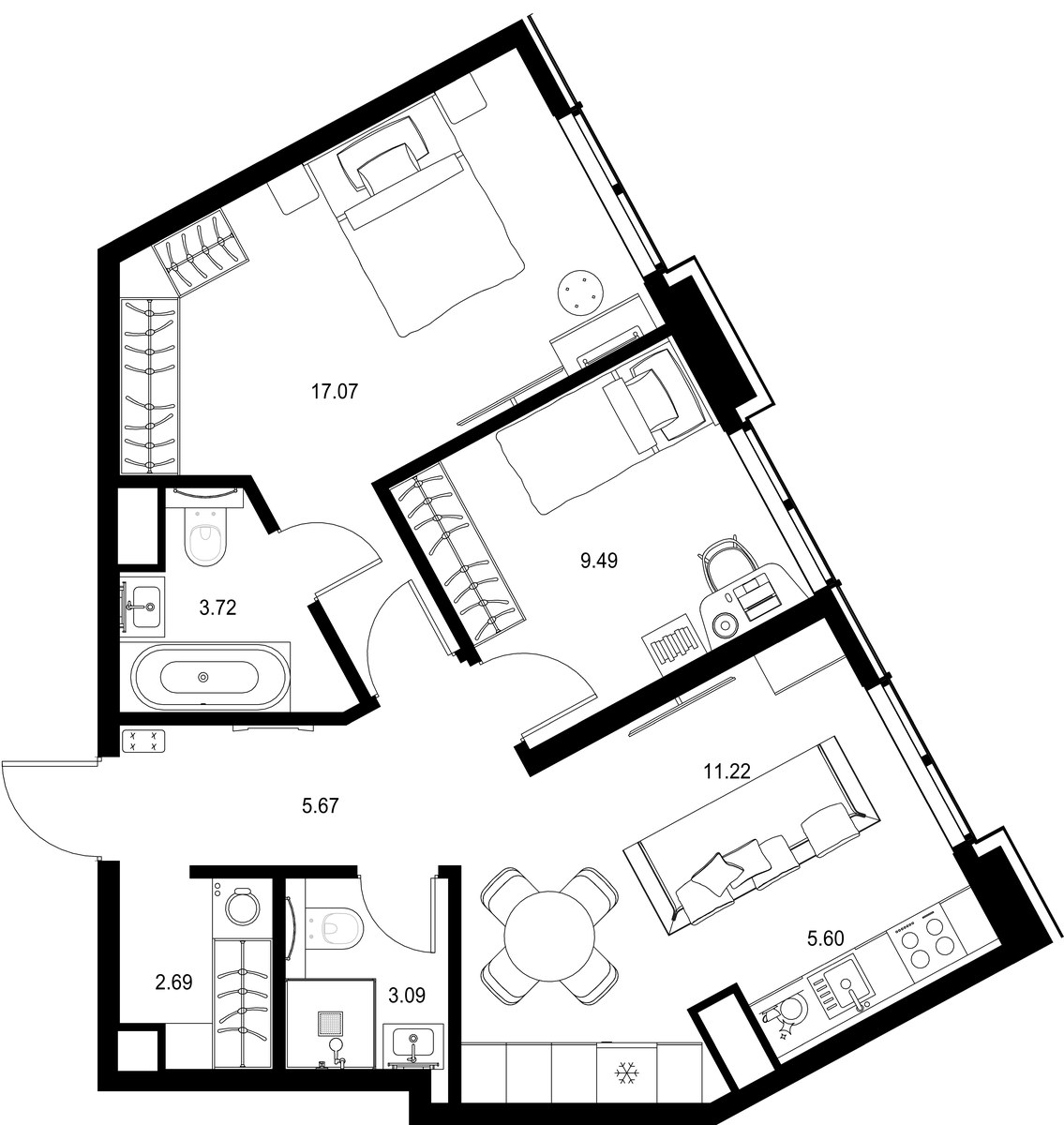 Планировка 58.55 м²