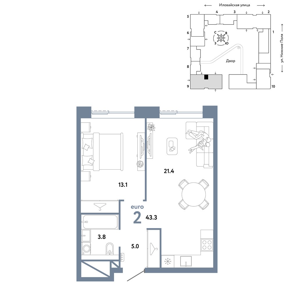 Планировка 43.3 м²