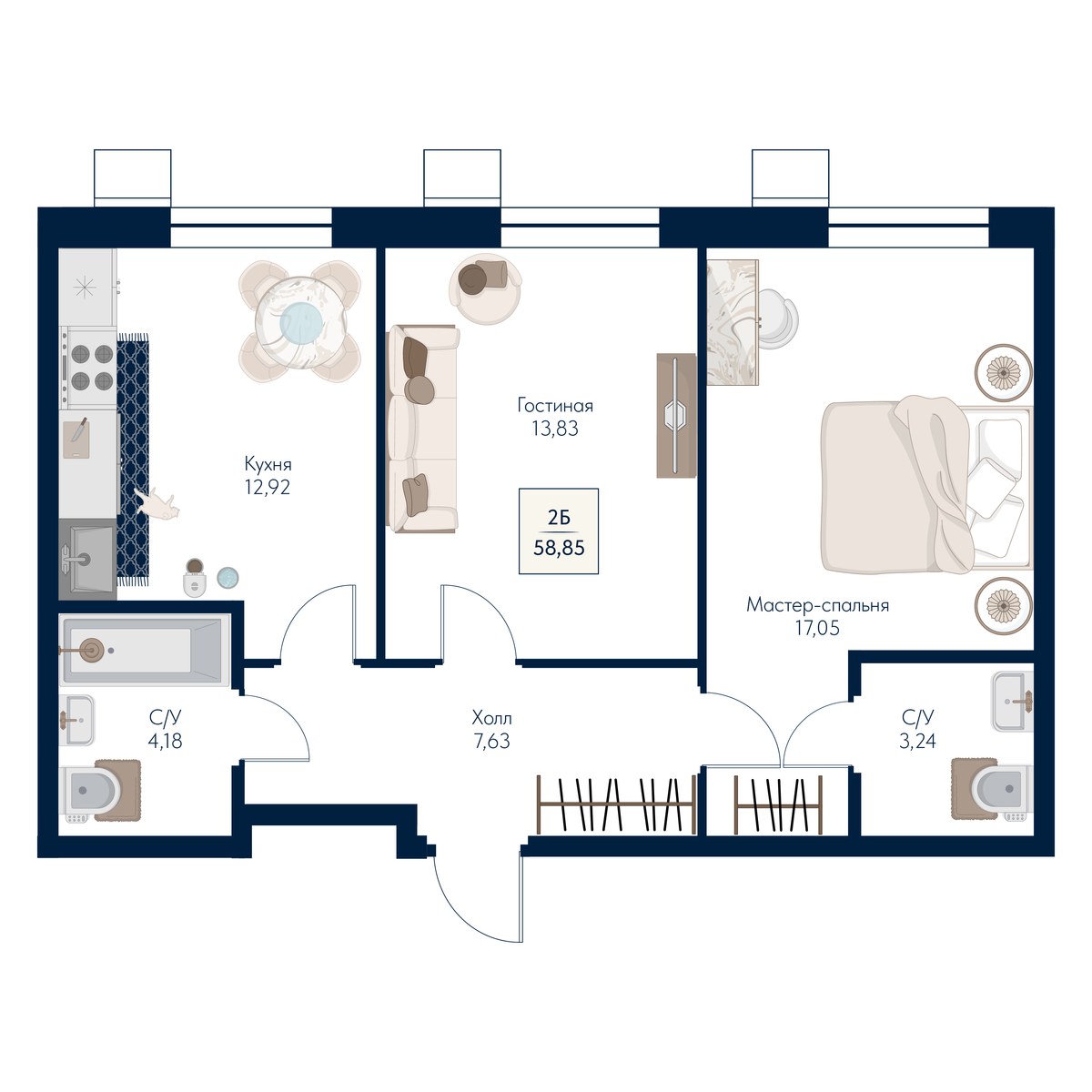 Планировка 58.85 м²