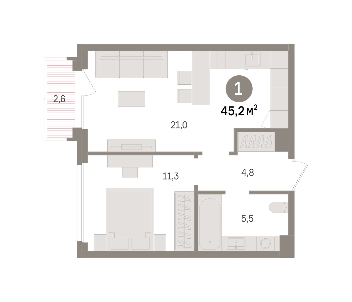 Планировка: 1-комнатная, 45.2 м²