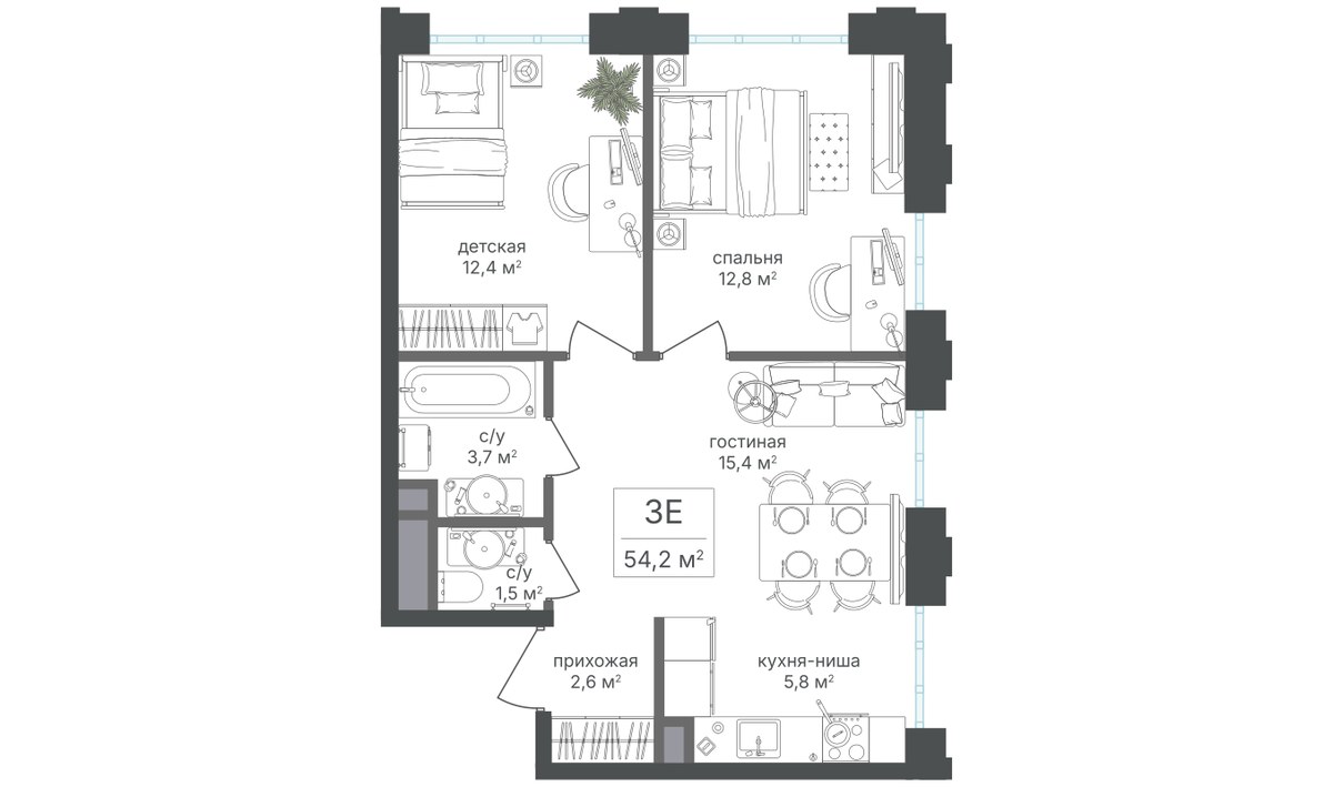 Планировка 54.2 м²