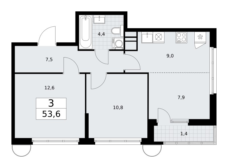 Планировка: 3-комнатная, 53.6 м²