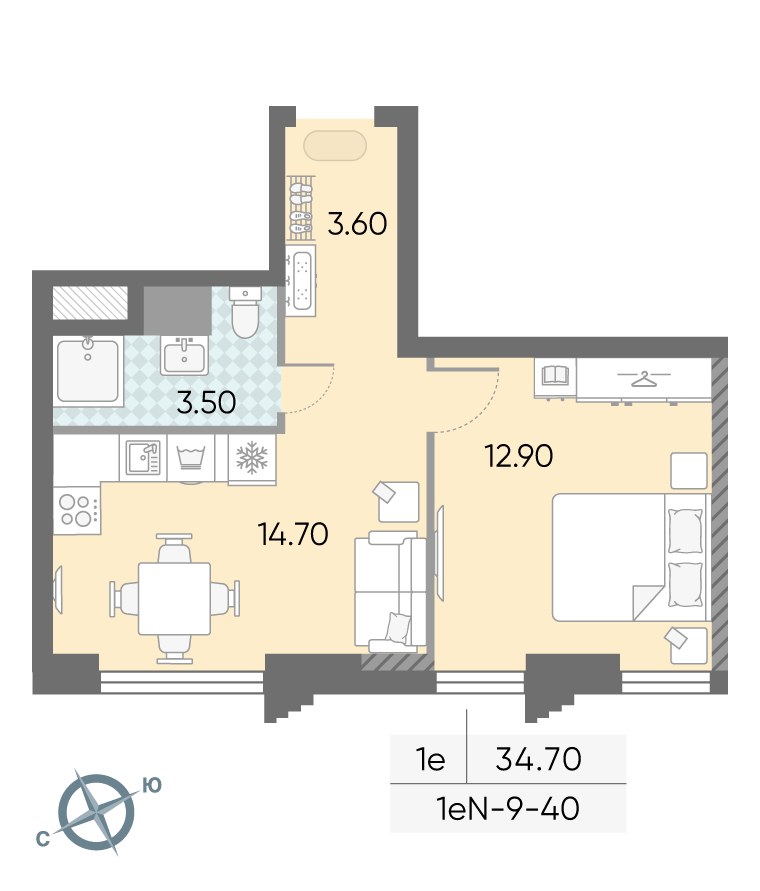 Планировка 34.7 м²