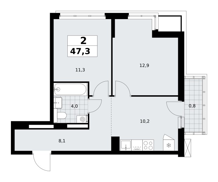 Планировка: 2-комнатная, 47.3 м²