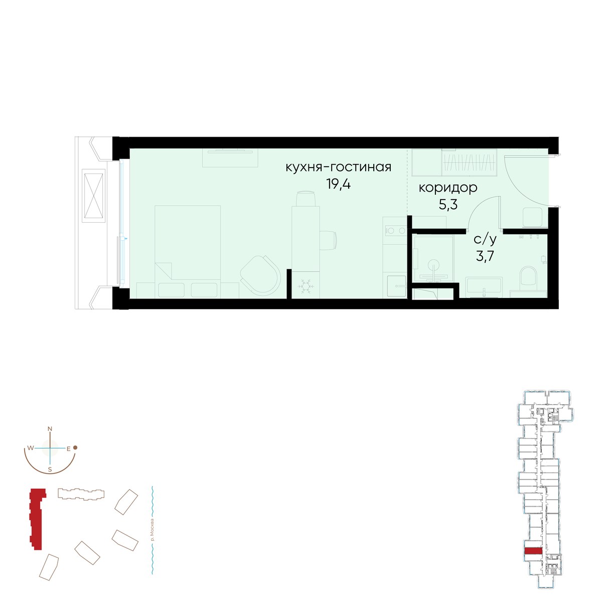 Планировка: Студия, 28.4 м²