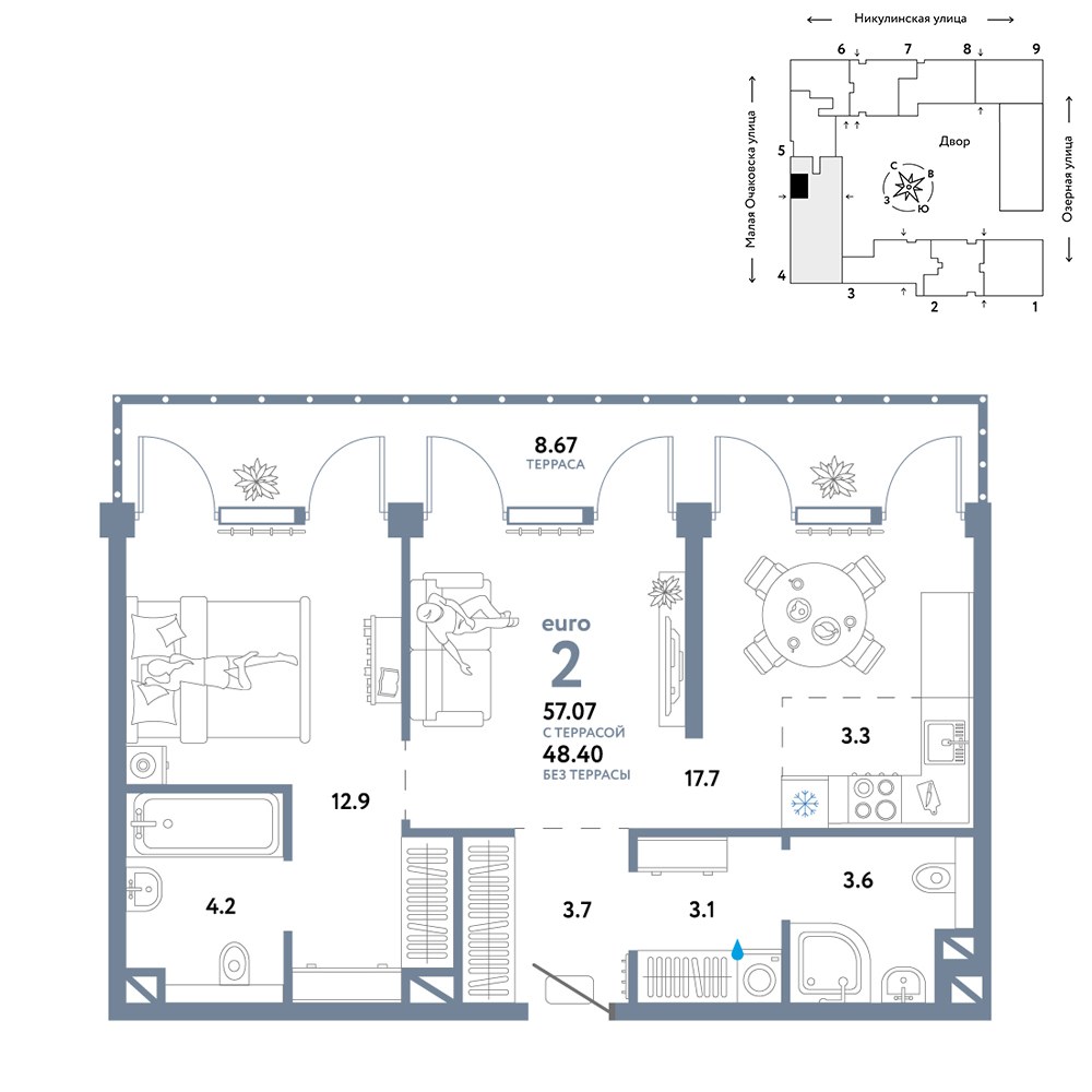 Планировка 57.07 м²