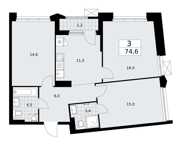 Планировка: 3-комнатная, 74.6 м²