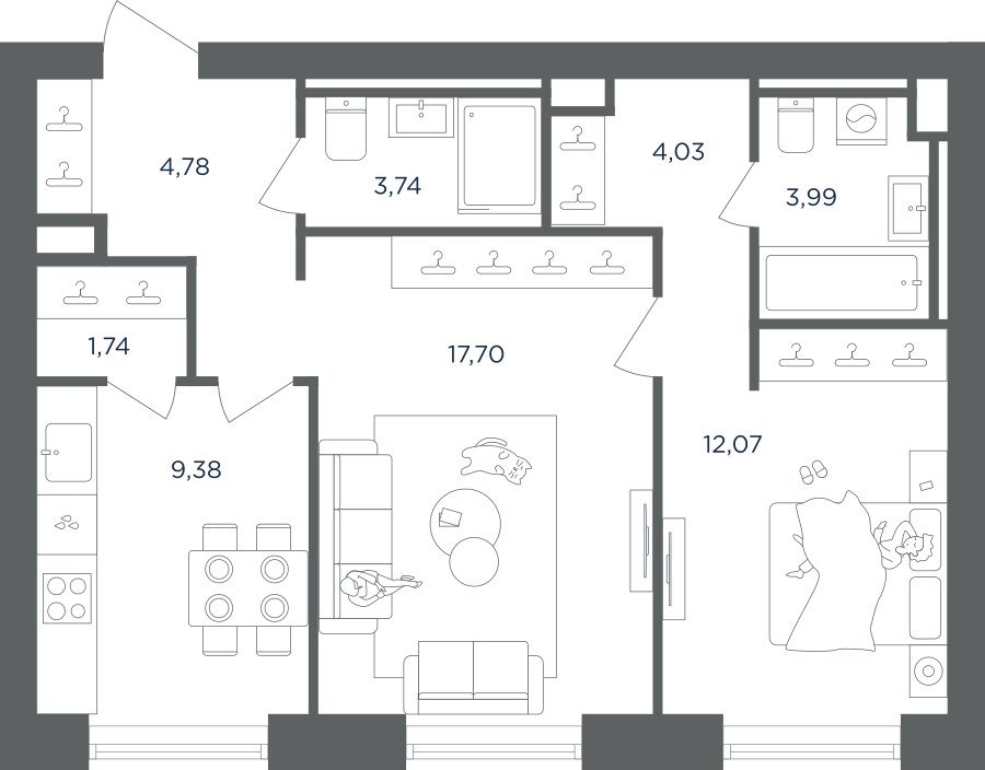 Планировка 57.43 м²