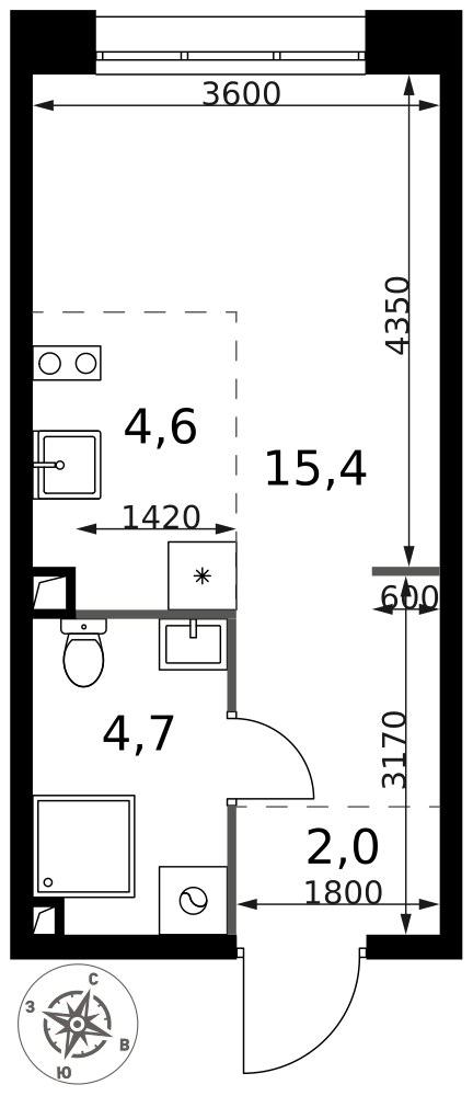 Планировка: Студия, 26.7 м²