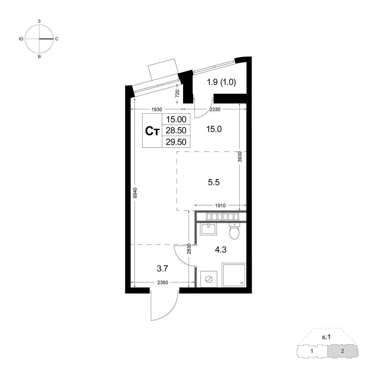 Планировка: Студия, 29.6 м²