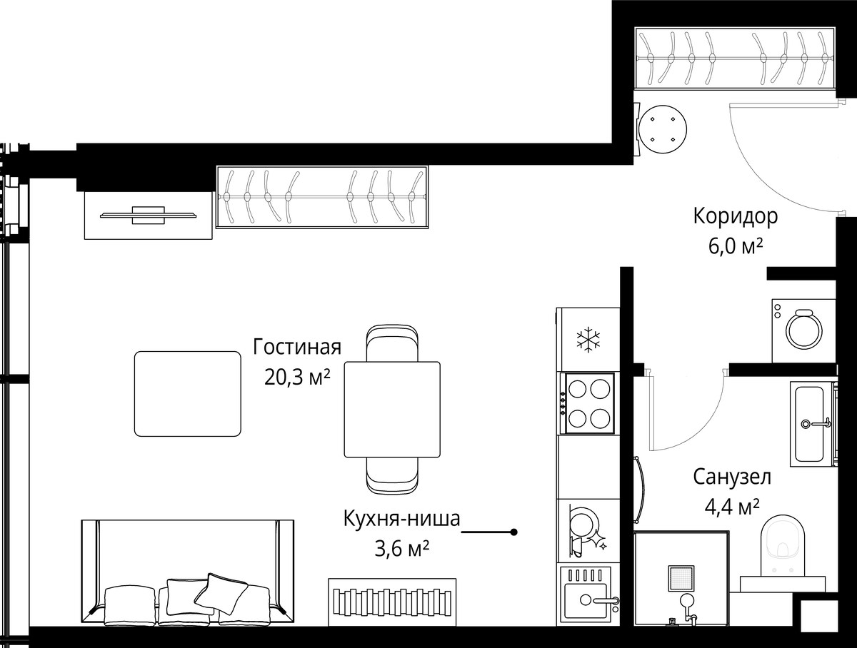 Планировка: Студия, 34.3 м²