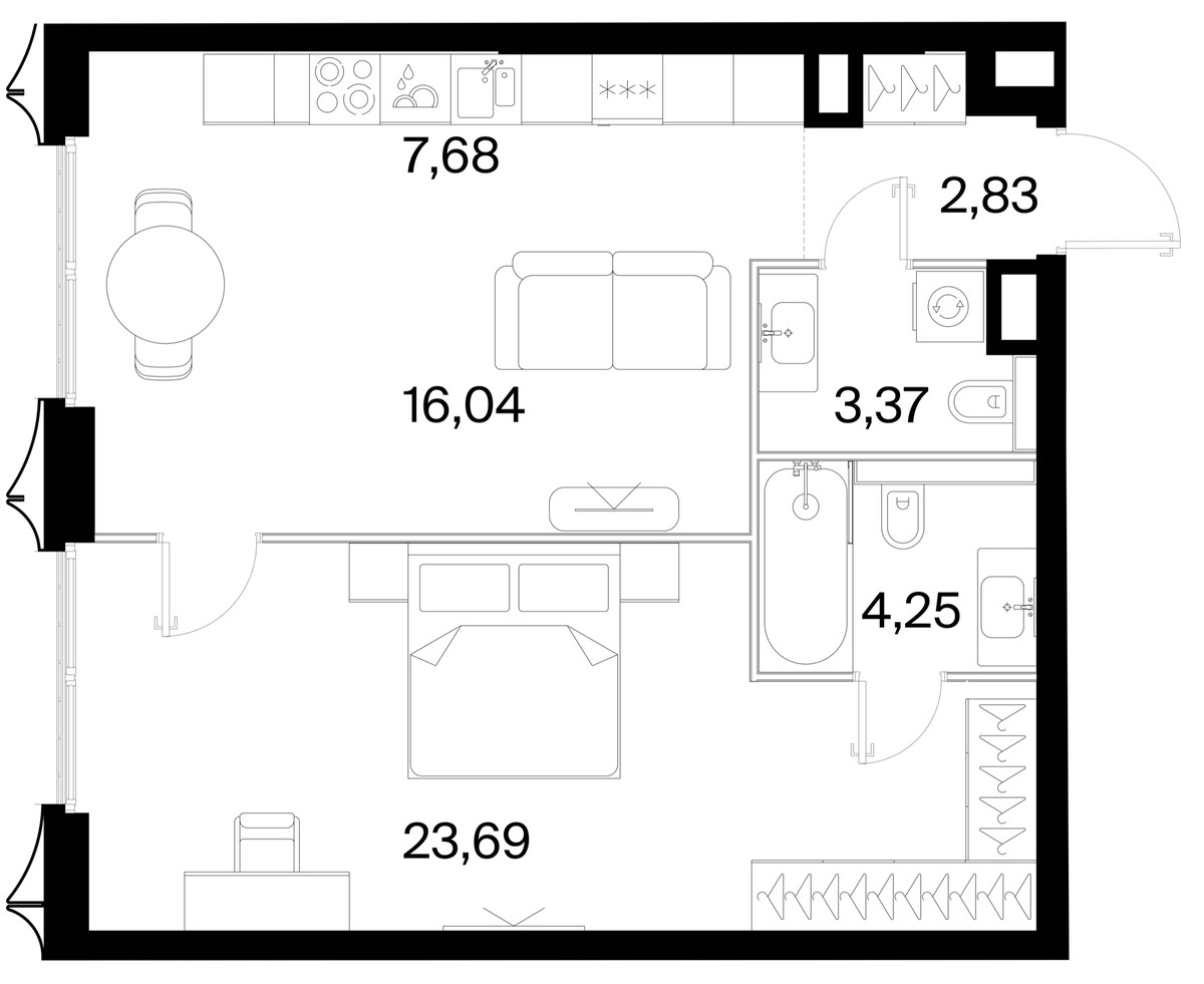 Планировка: 1-комнатная, 57.86 м²