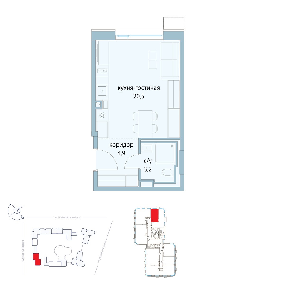 Планировка: Студия, 28.6 м²