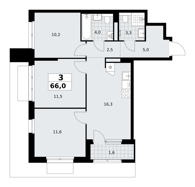 Планировка: 3-комнатная, 66.0 м²