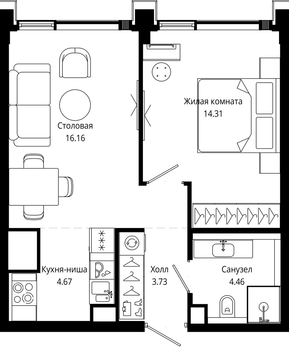 Планировка 43.8 м²