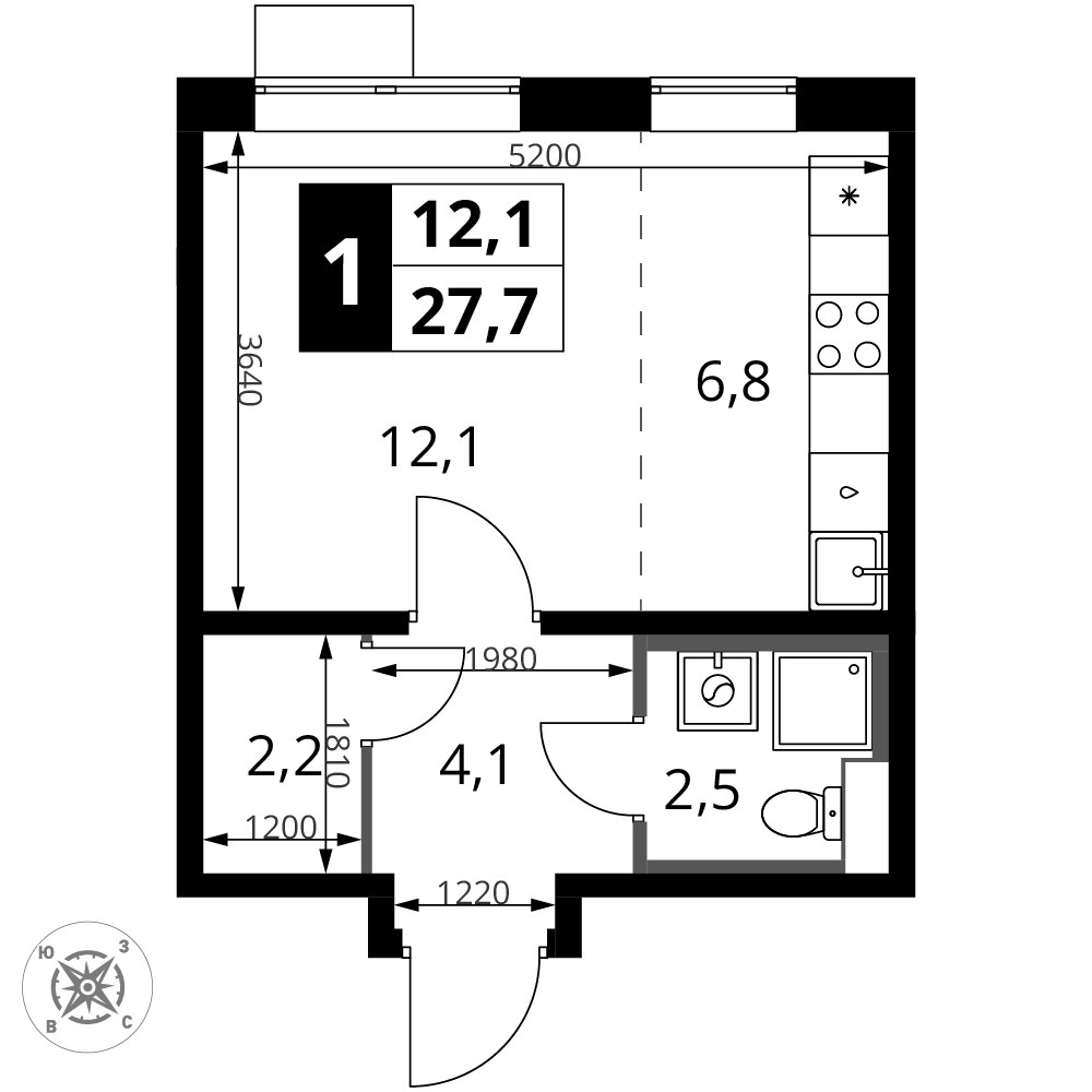 Планировка: Студия, 27.7 м²