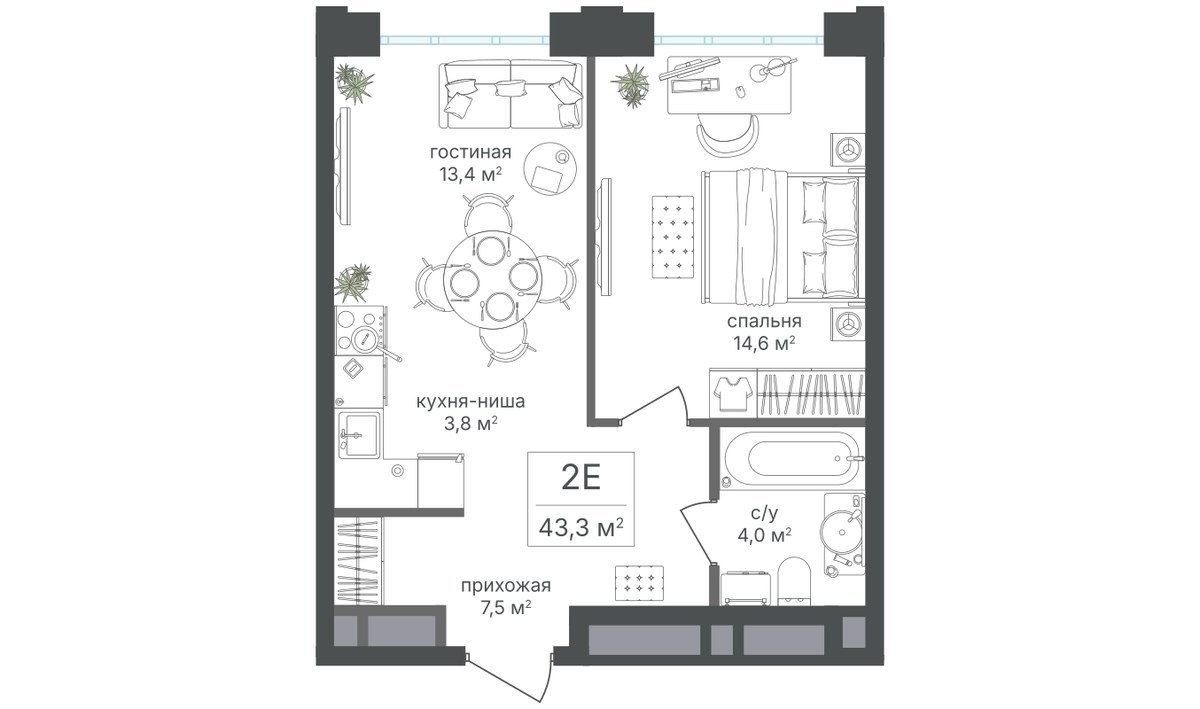 Планировка 43.3 м²