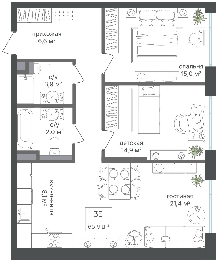 Планировка 74.4 м²