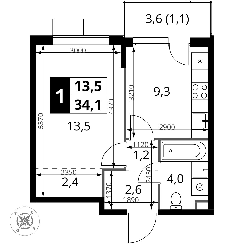 Планировка 34.1 м²