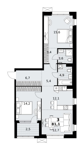 Планировка: 3-комнатная, 81.1 м²