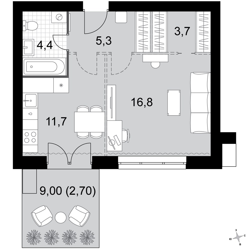 Планировка: 1-комнатная, 44.6 м²