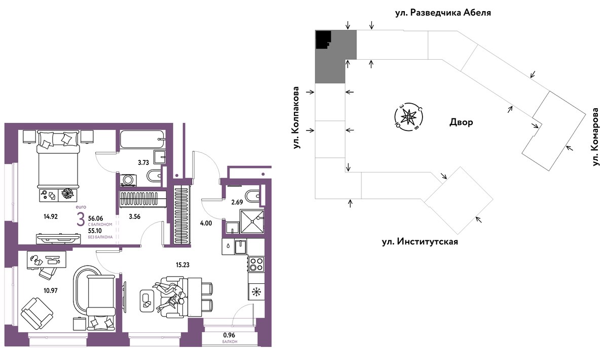 Планировка 56.06 м²