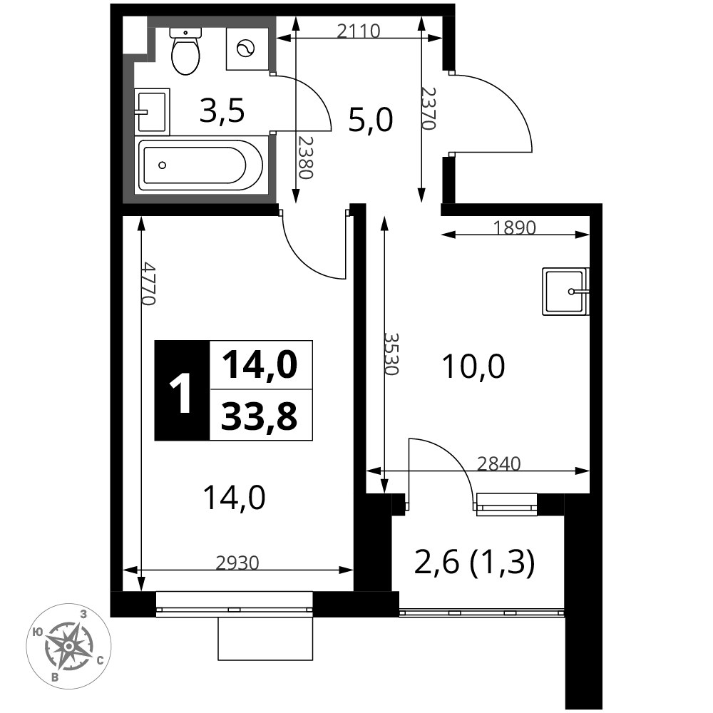 Планировка 33.8 м²