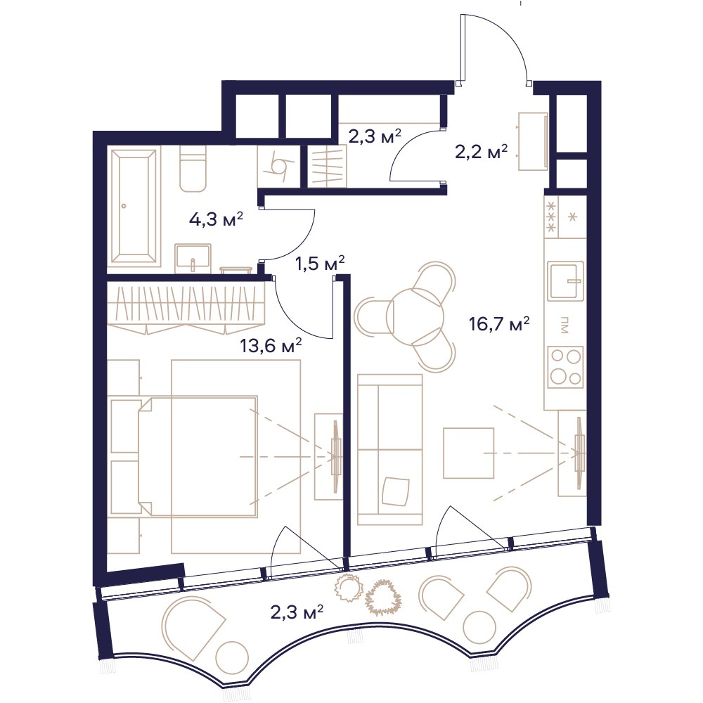 Планировка: 1-комнатная, 42.9 м²