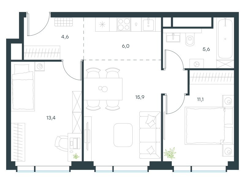 Планировка 56.8 м²