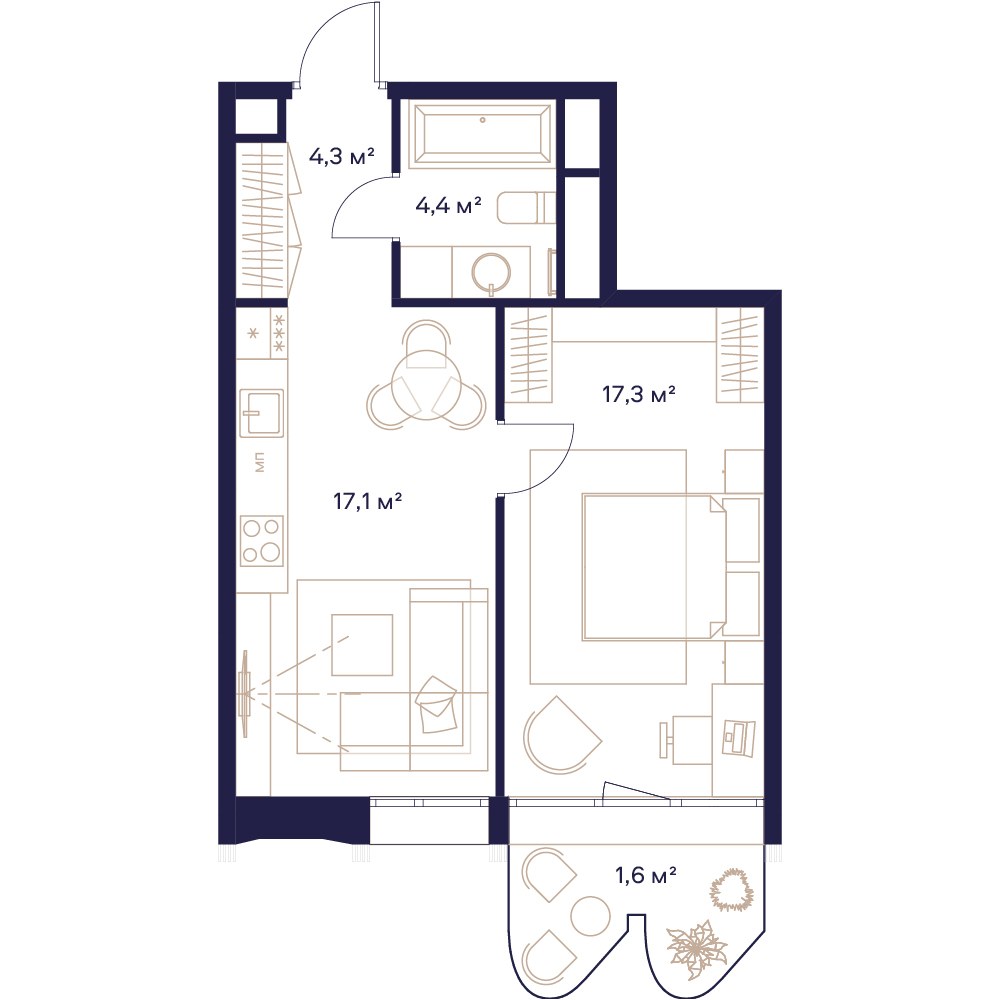Планировка: 1-комнатная, 45.0 м²