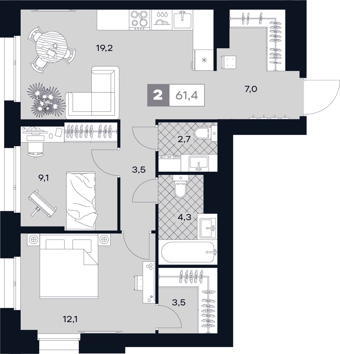 Планировка 61.4 м²