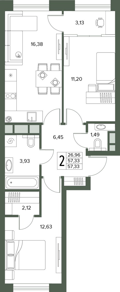 Планировка 57.33 м²