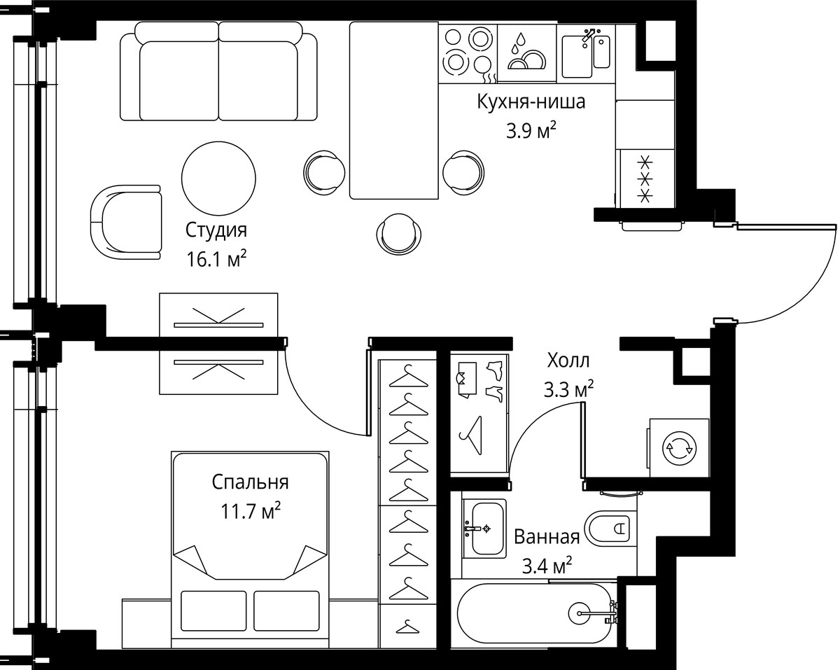 Планировка: 1-комнатная, 38.4 м²