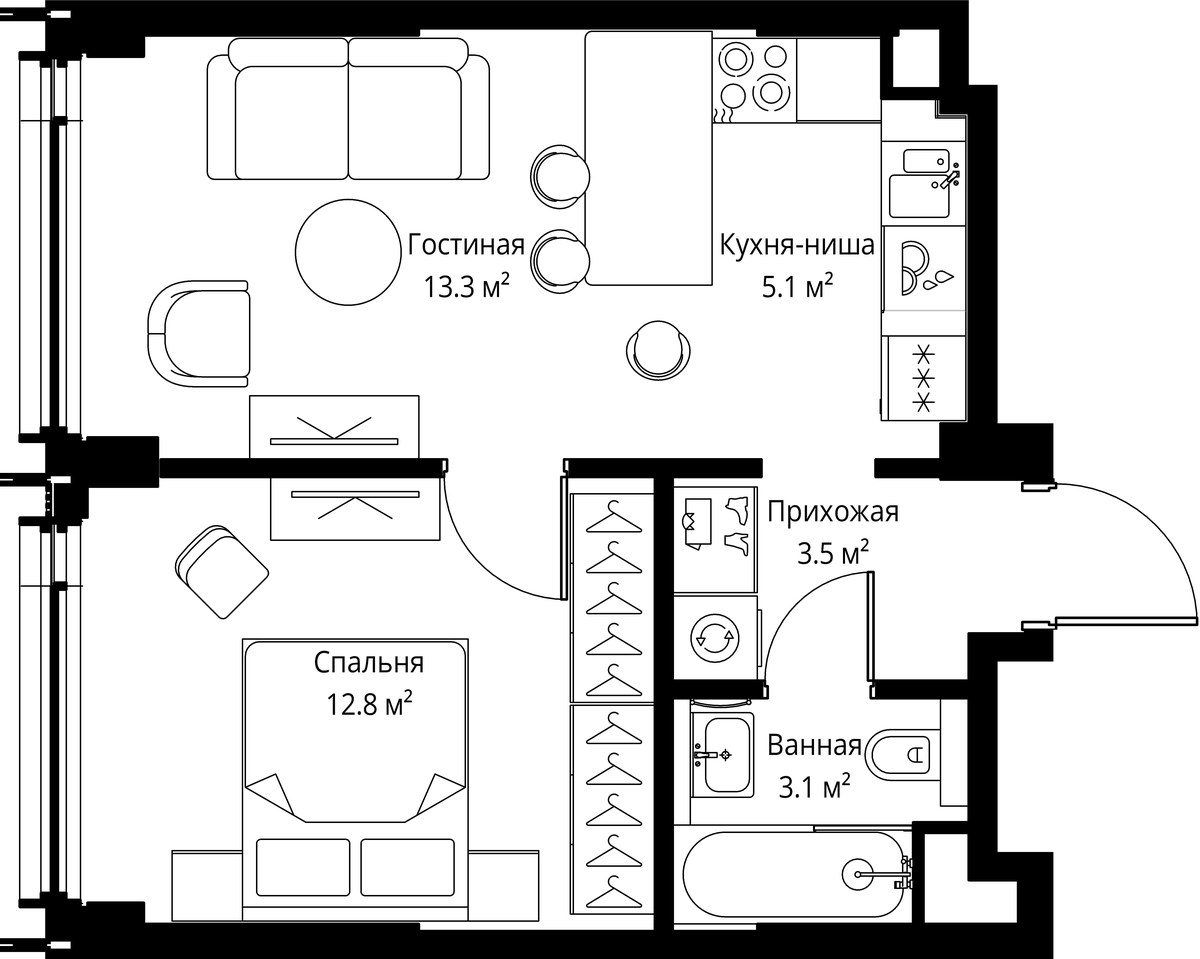 Планировка: 1-комнатная, 37.8 м²