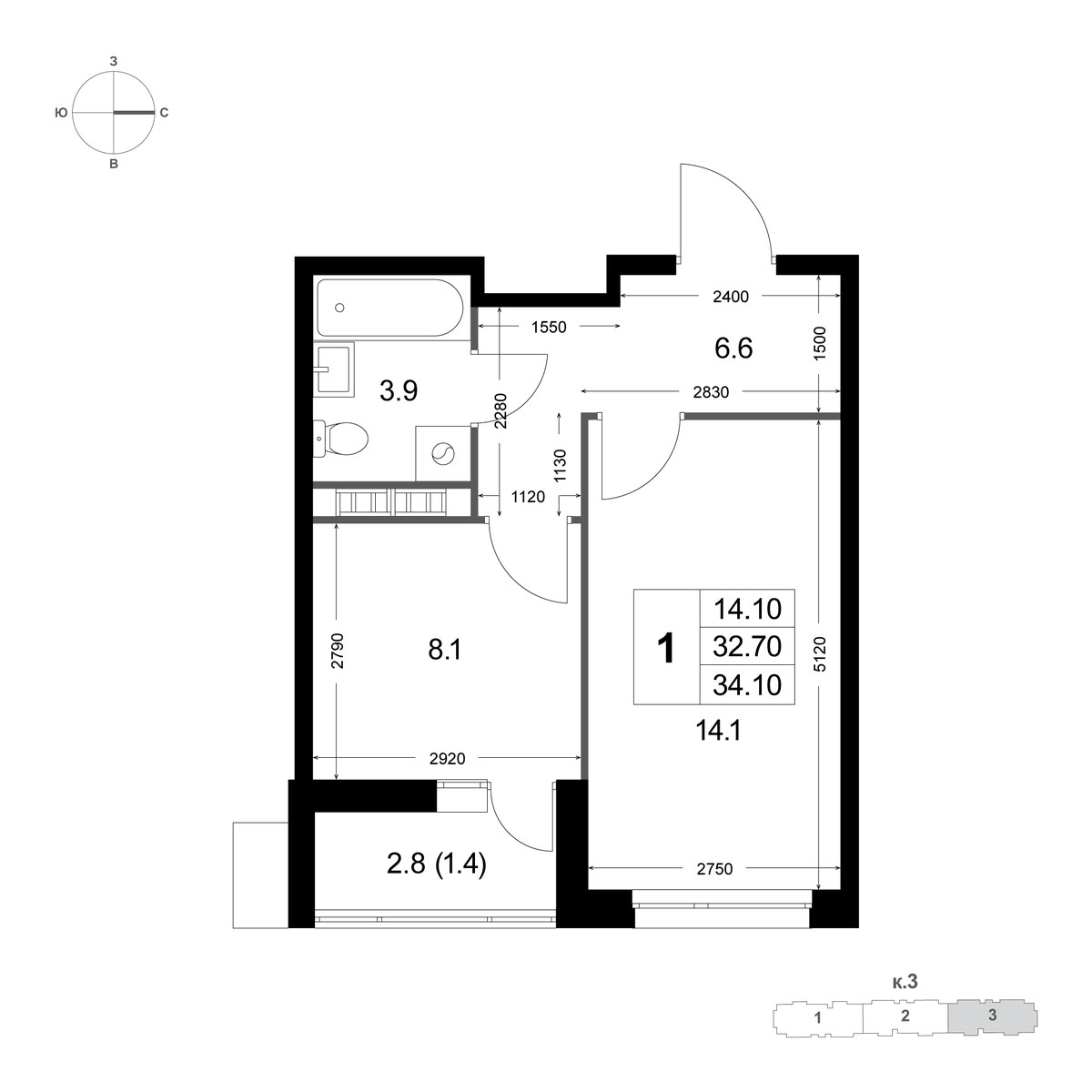 Планировка 34.3 м²