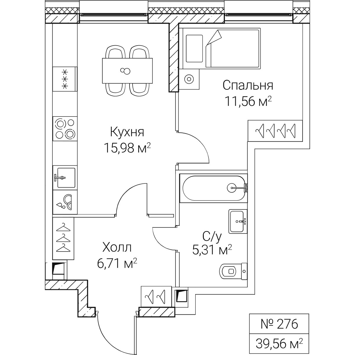Планировка: 1-комнатная, 39.56 м²