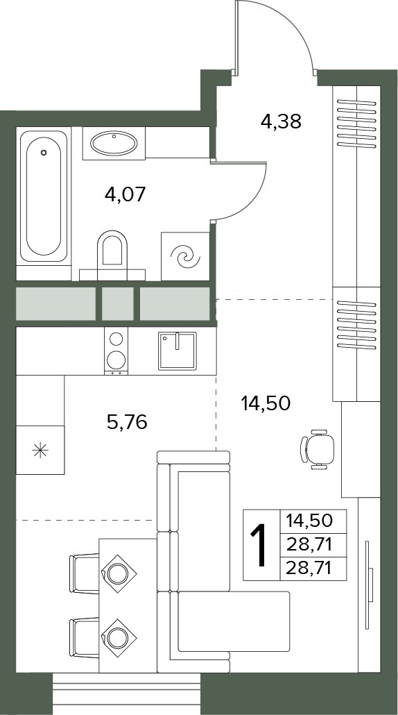 Планировка: 1-комнатная, 28.71 м²