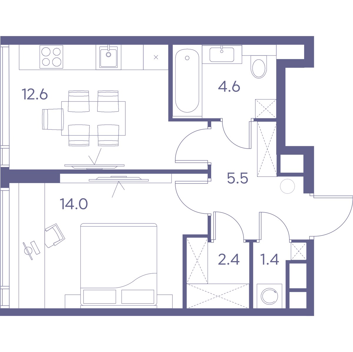 Планировка: 1-комнатная, 40.5 м²