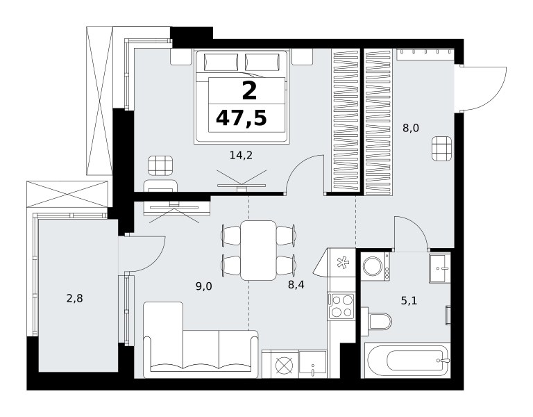 Планировка: 2-комнатная, 47.5 м²