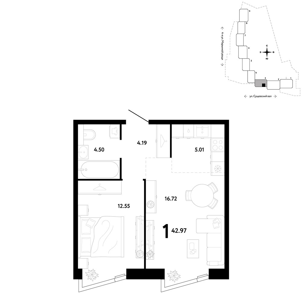 Планировка 42.97 м²
