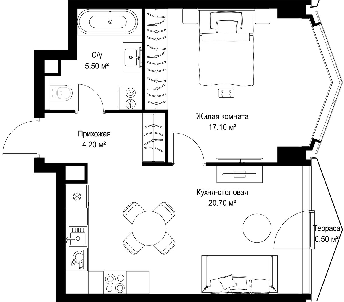 Планировка: 1-комнатная, 48.0 м²