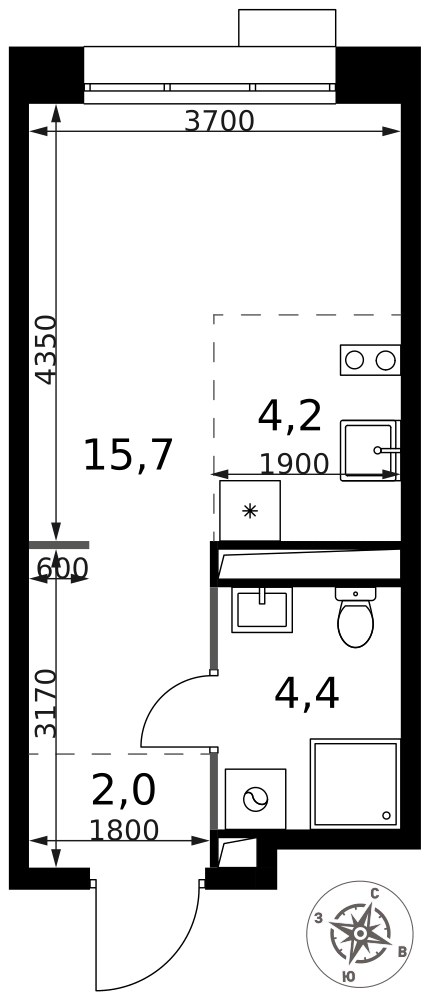 Планировка: Студия, 26.3 м²