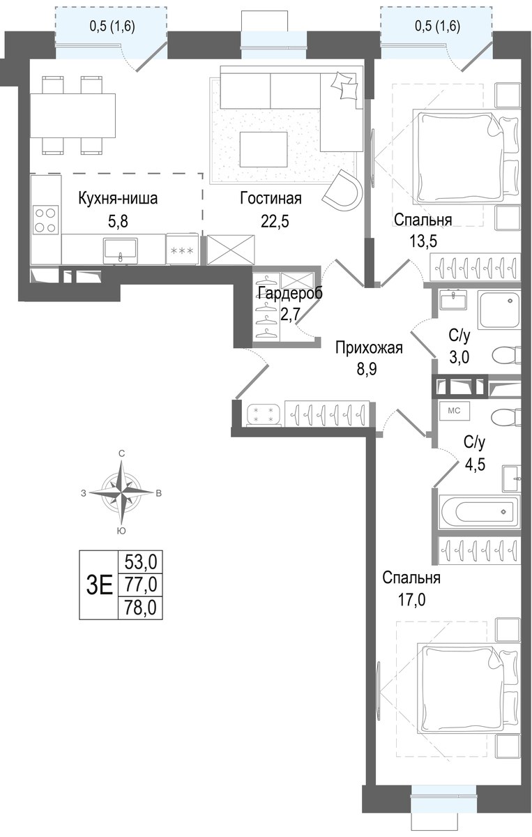 Планировка 77.0 м²