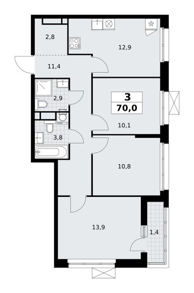 Планировка: 3-комнатная, 70.0 м²