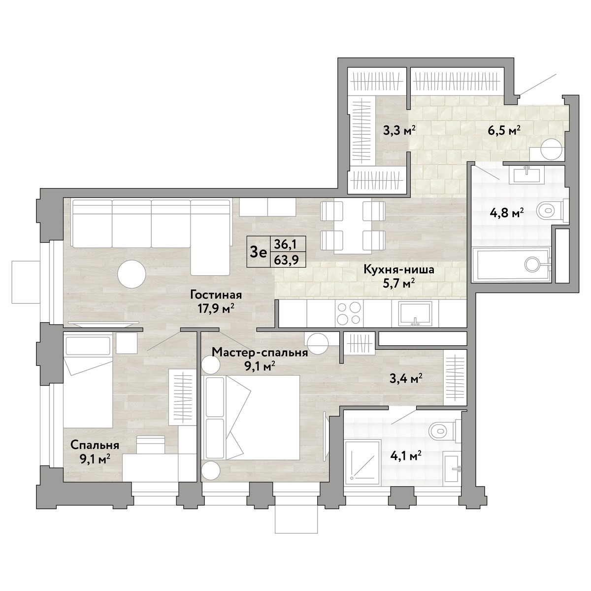 Планировка 63.9 м²