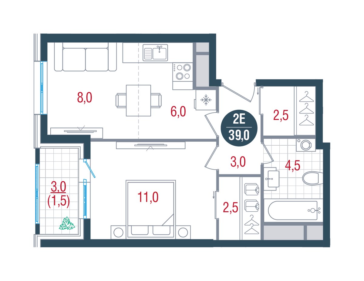 Планировка 39.0 м²